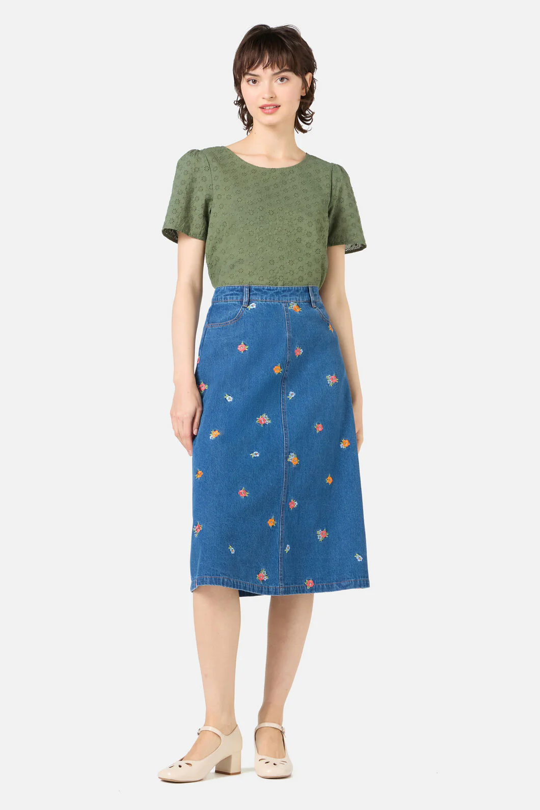 Floral Embroidered Denim Skirt - Image 2