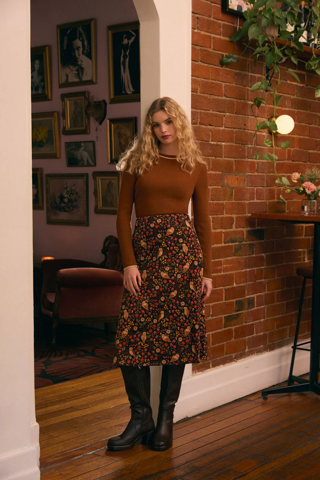 Forest Owl Cord Midi Skirt